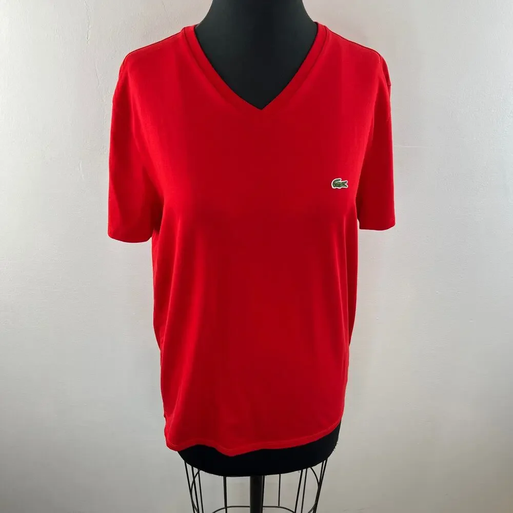 LACOSTE Red Pima Cotton V-Neckline Short Sleeve Embroidered Logo T-Shirt Size M